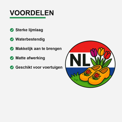 NL Landcode Sticker Nederland – Tulpen en Klompen – gebruiksvoorbeeld