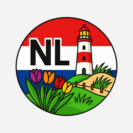 NL Landcode Sticker Nederland – Vuurtoren en Tulpen – hoofdafbeelding van de sticker