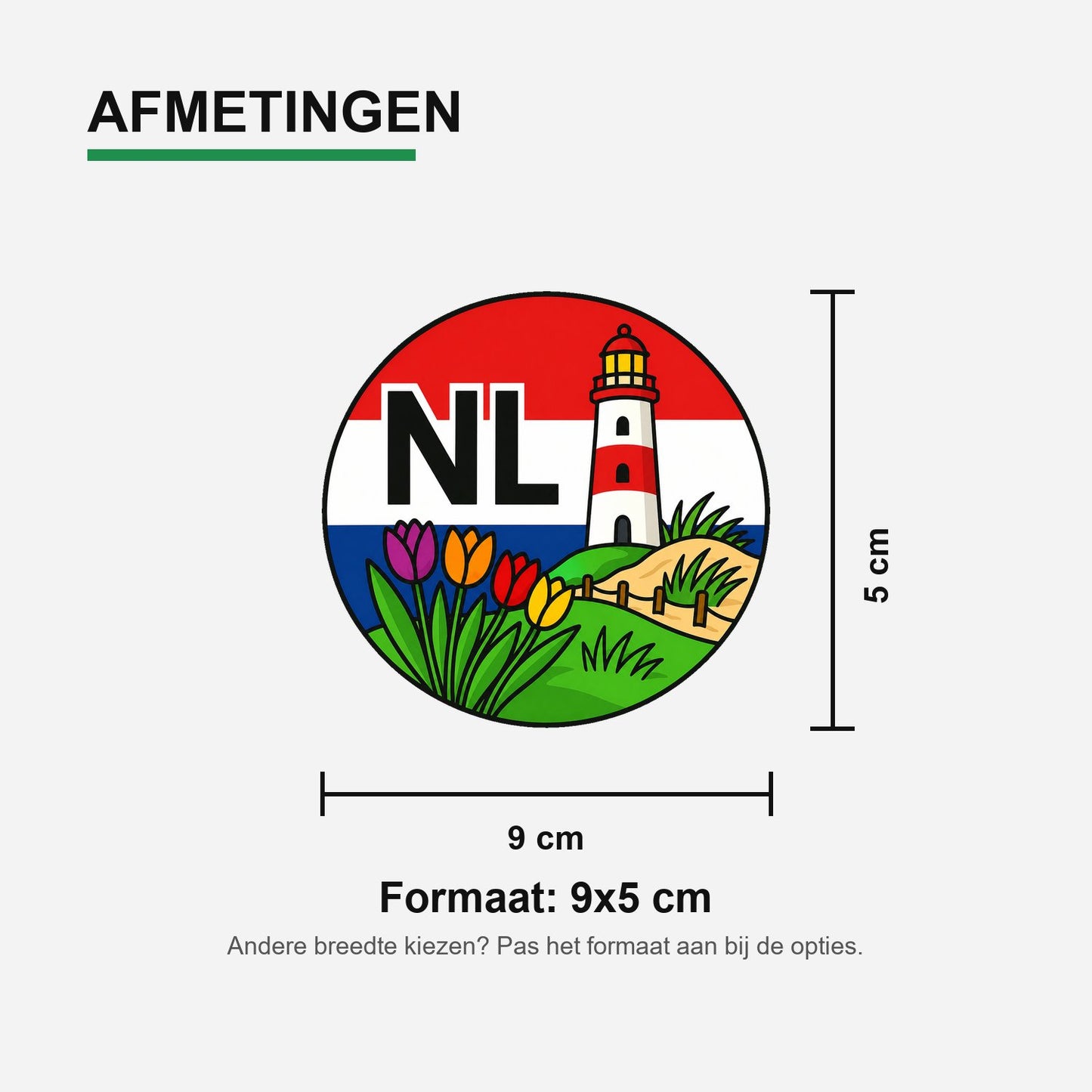 NL Landcode Sticker Nederland – Vuurtoren en Tulpen – materiaal en matte afwerking