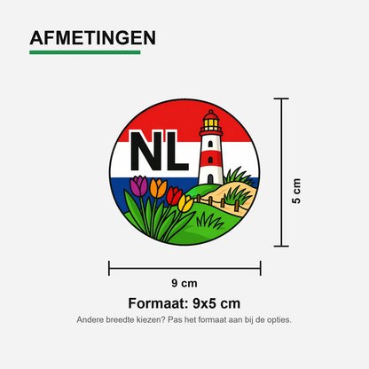 NL Landcode Sticker Nederland – Vuurtoren en Tulpen – materiaal en matte afwerking