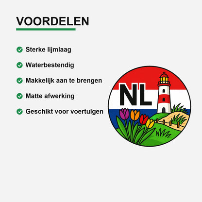 NL Landcode Sticker Nederland – Vuurtoren en Tulpen – gebruiksvoorbeeld