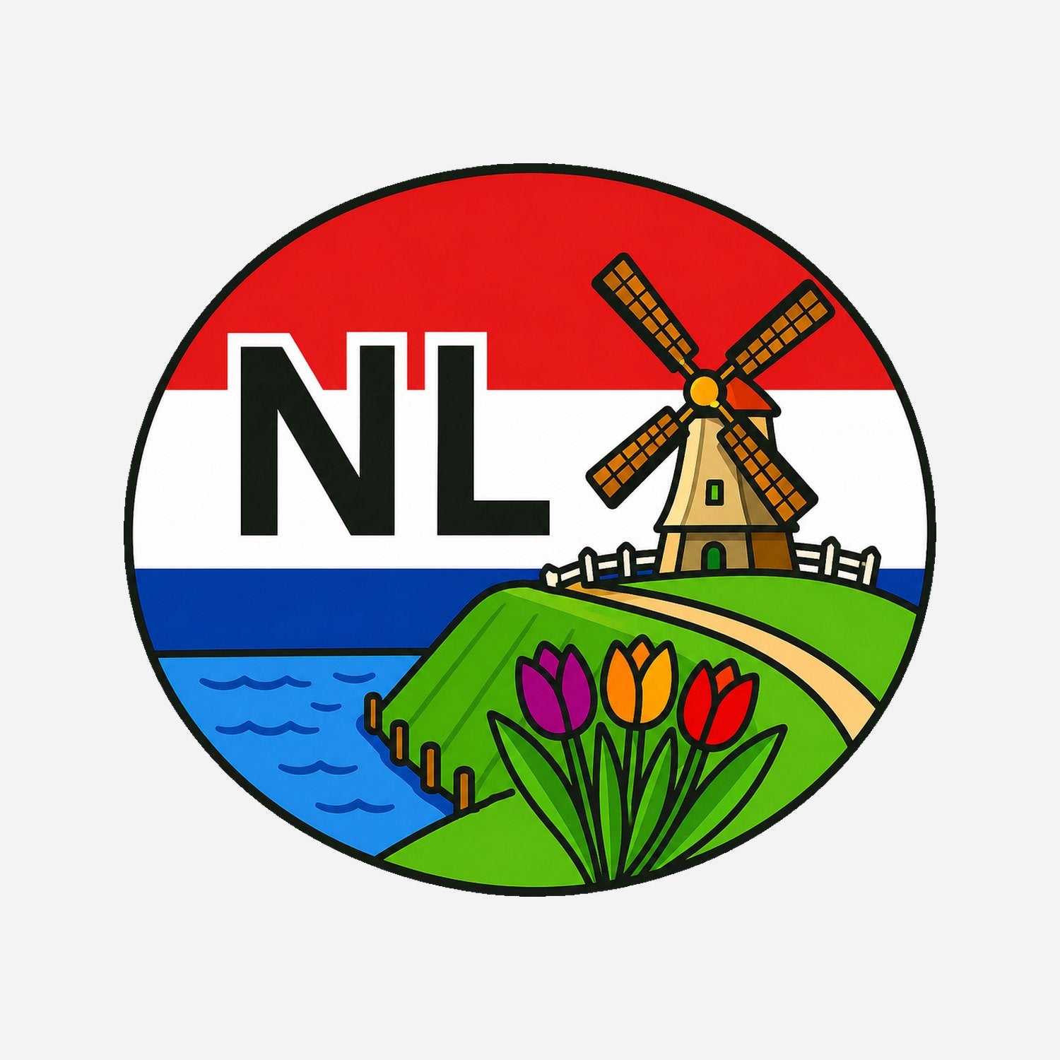 NL Landcode Sticker Nederland – Windmolen en Landschap – hoofdafbeelding van de sticker