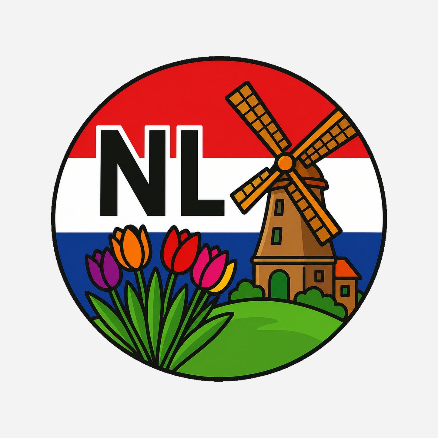 NL Landcode Sticker Nederland – Windmolen en Tulpen – hoofdafbeelding van de sticker