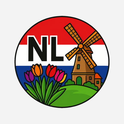NL Landcode Sticker Nederland – Windmolen en Tulpen – hoofdafbeelding van de sticker