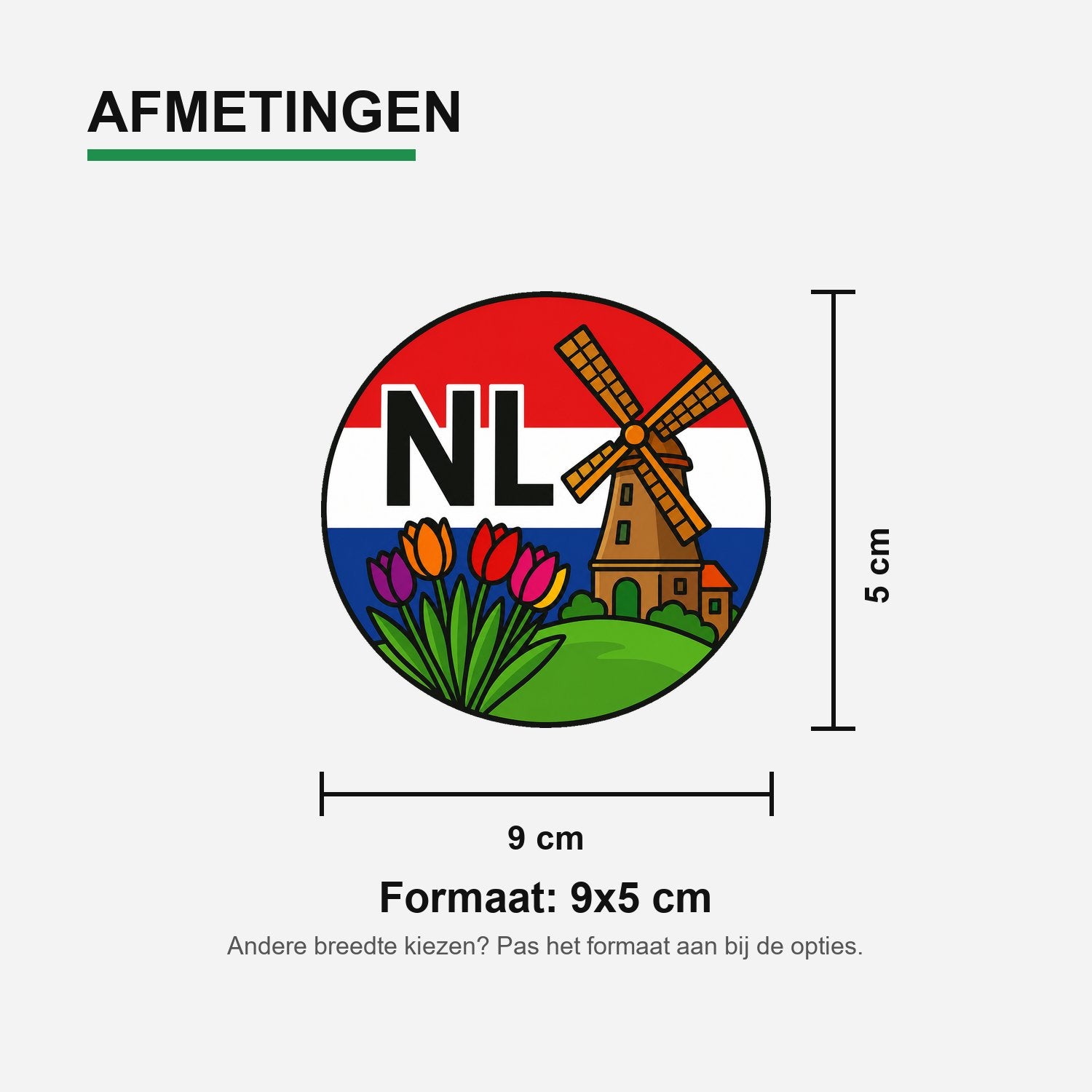 NL Landcode Sticker Nederland – Windmolen en Tulpen – materiaal en matte afwerking