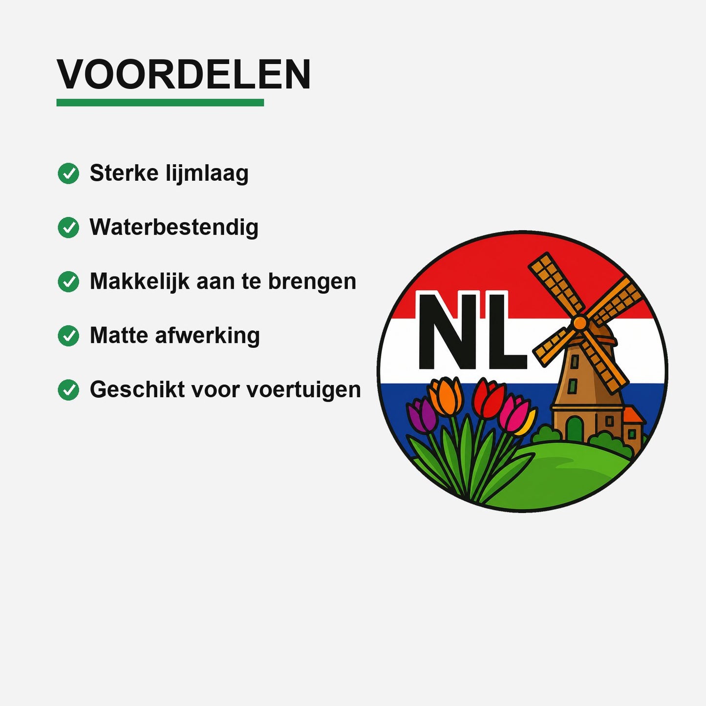 NL Landcode Sticker Nederland – Windmolen en Tulpen – gebruiksvoorbeeld