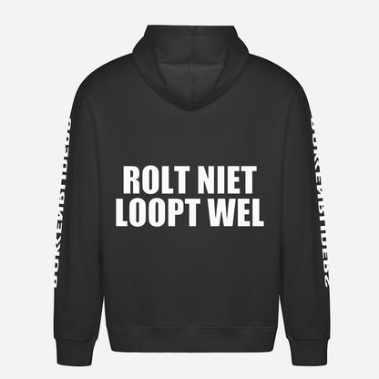Rolt Niet Loopt Wel Hoodie – achterkant met grote rugprint