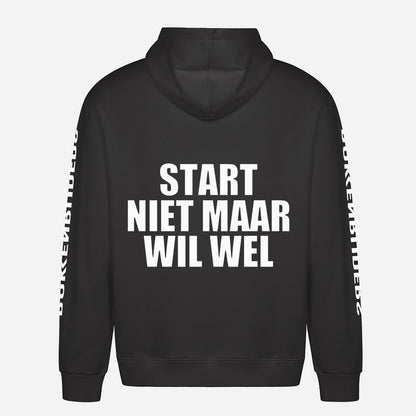 Start Niet Maar Wil Wel Hoodie – achterkant met grote rugprint