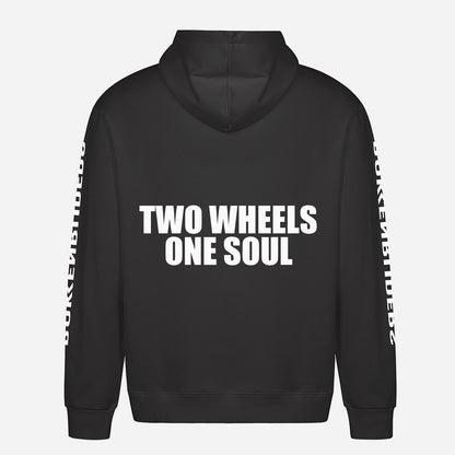 Two Wheels One Soul Hoodie – achterkant met grote rugprint