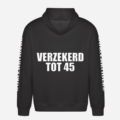 Verzekerd Tot 45 Hoodie – achterkant met grote rugprint