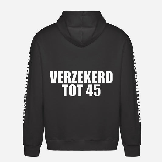 Verzekerd Tot 45 Hoodie – achterkant met grote rugprint